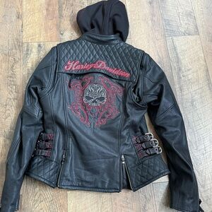 Harley-Davidson Women's Black Leather Jacket with Red Embroidery